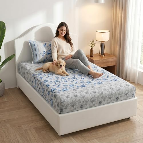 Image of Mafatlal 186 TC Spring Glory Graceful Pure Cotton Single Flatsheet (60 x 90 Inch) | Breathable Summer Comfort | Wrinkle-Free Floral Bedsheet with 1 Pillow Cover, Floral Blue