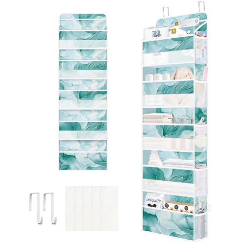 Clastyle Marble Over the Door Organizer Nursery Hanging Storage Organizer for Women Girls Clothes Diaper Toy Closet Door Hanging Shelf Storage for Bedroom Bathroom Pantry, Green, 5-Tier