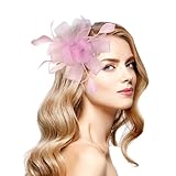 Fascinadores para Mujeres, Pinza y Diadema con Flor de Malla y Plumas, fascinador para Bodas, Fiestas de cóctel, Accesorios Elegantes para Mujeres (Rosa)