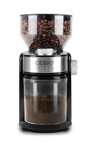 CASO Barista Crema - Molinillo de café eléctrico con muelas planas, 150W, capacidad de 190g (de 1 a 12 tazas) y recipiente colector extraíble para hasta 140g, 48 niveles de molienda, acero inoxidable
