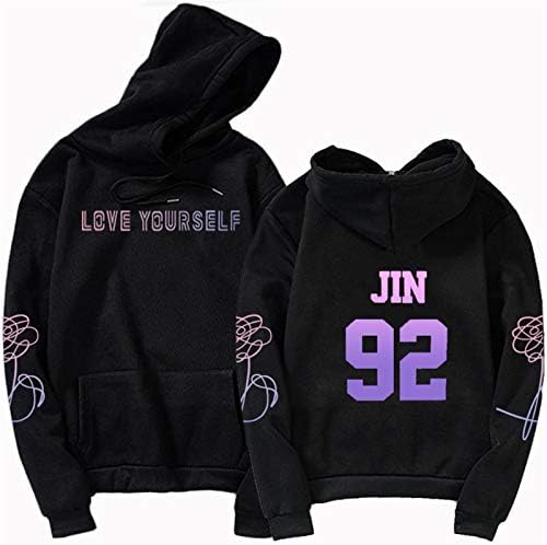 BTS Hoodie Men Women Unisex Black Casual Long Sleeve Fans Support Hoodie Pullovers Sweatshirt kpop Jimin Love Yourself 92/93/94/95/97 (Color : 92Jin, Size : Small)