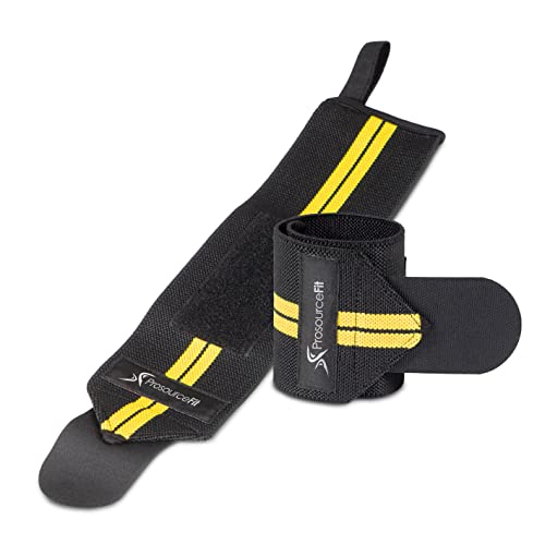 Image of ProsourceFit Pair of Barbell Weight Lifting Wrist Wraps Support with Thumb Loop, Yellow