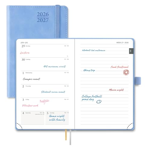 POPRUN 2026-2027 Pocket Planner (Size 4''x 6.25'') Weekly and Monthly Academic Calendar (JUL.26 - JUN.27) with Note Page and Monthly Tabs, Inner Pocket, Leather Soft Cover, 100 GSM - Cerulea