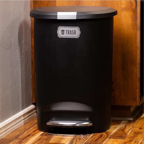Image of Recycle and Trash Stickers for Trash Cans - Metallic Vinyl Recycling Bin Labels - 2 Pack - 4.75 inch by 2.25 inch Decals Logo - Waste Signs for Home Kitchen or Office Bins Indoor /Outdoor Use