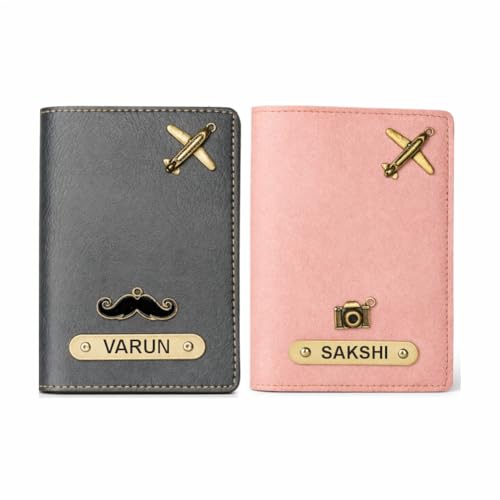 Image of Customized Couple Passport Cover Gift Set 2 Pcs | Personalized Leather Passport Covers with Name & Charm| Anniversary, Valentine, Birthday and Travel Gift (Grey)