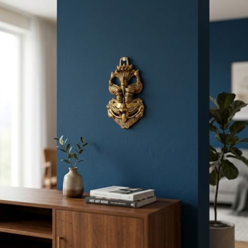 Image of Kridaykraft Metal Feng Shui Vastu Showpiece Nazar Battu with Naag Ganesha Suraksha Kawach Mask for Evil Eye Protection for Home, Office Wall & Door Hanging (Gold, Medium) - 9.5 Cm