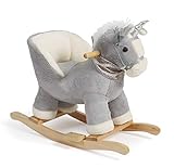 El elegante unicornio balancín en tonos neutros con unicornio plateado está hecho de felpa suave y acogedora y el elemento balancín de madera maciza