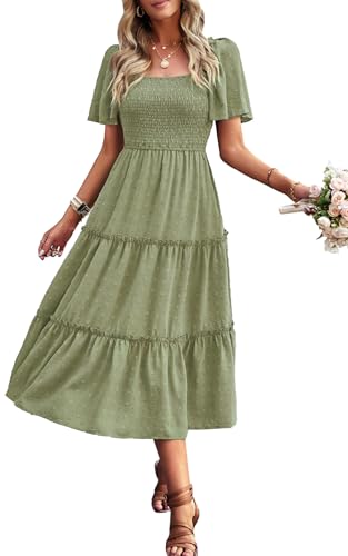 Women's Casual Summer Dress 2025 Square Neck Flutter Sleeve Smocked Tiered Midi Dress Swiss Dot Boho Flowy Dresses2