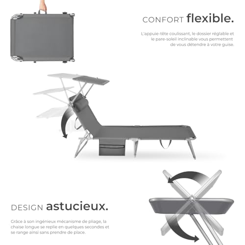 Chaise longue pliable avec pare-soleil gris TecTake