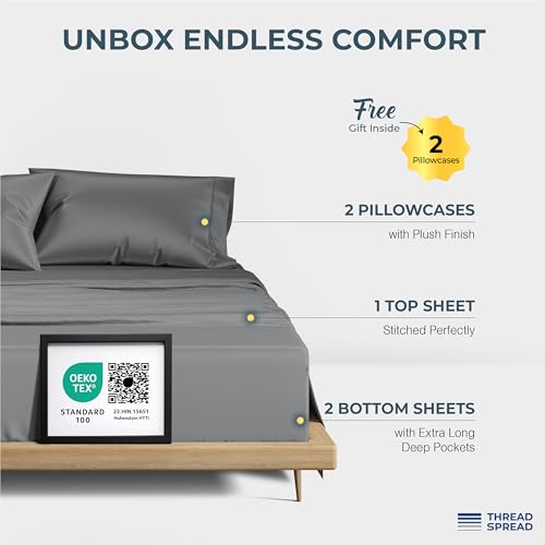 Image of THREAD SPREAD 100% Egyptian Cotton Split King Sheets Sets for Adjustable Bed - 1500 Series Split King Sheets (5 PC, Dark Grey), Silky Soft, Sateen, Cooling & Breathable, 17 inch Deep Pocket Bed Set