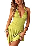 Women's Summer Halter Tie Back Bodycon Mini Dress Sexy Deep V Neck Pleated Ruffle Party Cocktail Short Dresses Green