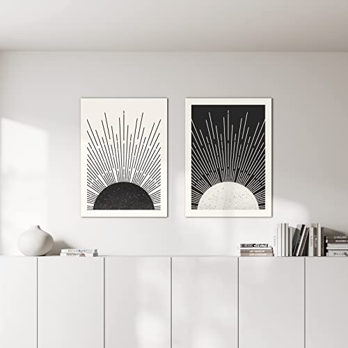 Framed Boho Wall Art Set Of 2 Canvas Print Sun Rising On The Horizon Geometric Nature Illustrations Line Art Wall Mid-Century Modern Boho Sun Wall Decor For Living Room, Bathroom, Bedroom 12X16 Inch #TOP1