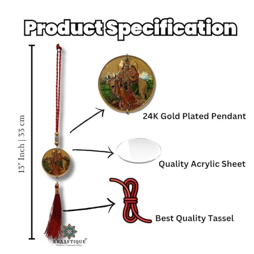 Image of Radha Krishna Car Hanging with Bal Gopal Dual Side Gold Glossy Spiritual Locket for Car Rear View Mirror Decor 13 Inch