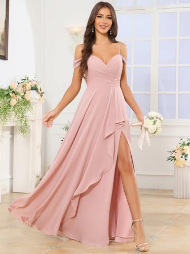 Women's Off The Shoulder Bridesmaid Dress Chiffon Ruffle Formal Prom Dress with Slit4