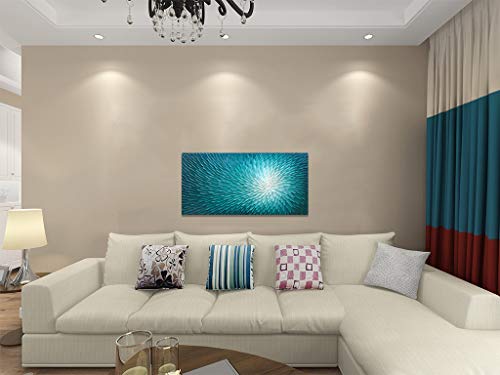 Amei Art Paintings, 24X48Inch Hand Painted Textured Wall Art On Canvas Oil Hand Painting Blooming Floral Artwork Art Wood Inside Framed Hanging Wall Decoration Abstract Oil Paintings (Teal Blue) #TOP2
