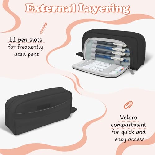 Image of Pencil Case for Teens Adults Boys, Large Capacity Pencil Pouch for Office College School, Multifunctional Portable Organizer for Cosmetics Stationery Supplies (Black)