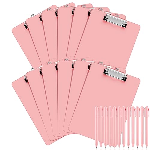 Fulmoon 12 Sets rosa Kunststoff-Klemmbretter enthalten 12 Stück schwarze Tinte, rosa Stifte, leicht, Standard-A4, Klemmbrett mit Stifthalter, flaches Profil, für Krankenschwestern, Woche, Lehrer, Arzt