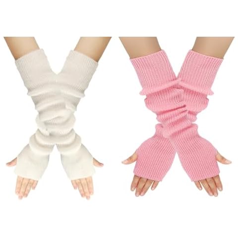 Yuyeran 2 Pairs Knittde Long Arm Warmers Women Fingerless Gloves Cashmere Blend Elbow Warmers Mittens with Thumb Hole (Pink+White) Cover