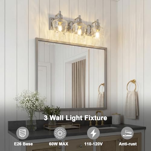 Image of Farmhouse Chrome Vanity Light, 3 Light | Bathroom Lighting Fixtures, Over Mirror, Hammered Glass Lampshade, For Cabinet Mirror Bedroom Hallway