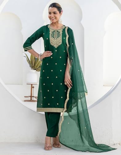 Image of SIRIL Women's Rayon Viscose Sequence Embroidery Work Straight Kurta Pant with Dupatta Set