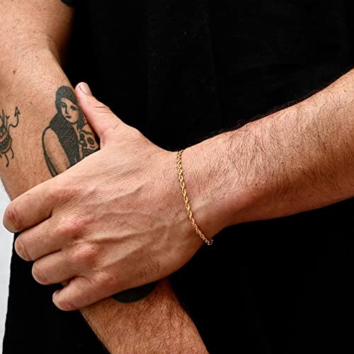 Brijewnes Rope Chain Gold Bracelets For Men,Solid 925 Sterling Silver Clasp Gold Chain Mens Bracelet 3Mm Mens Chain Bracelet For Mens Jewelry Gifts Gold Bracelets For Men 7.5 Inches #TOP4