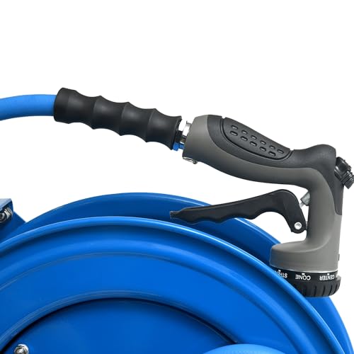 Image of Zephyr Auto Retractable Heavy Duty Hose Reel 10mm / 3 /8 inch with Rubber Hose, 8 Mode Spray Nozzle - Blue | 10 mtr