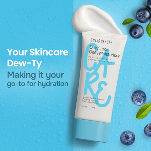 Image of Swiss Beauty Dew Lock Daily Moisturiser | 1% Hyaluronic Acid & Blueberry Extract | Locks & Retains Moisture | Plumps & Hydrates | Non-Comedogenic | 50gm