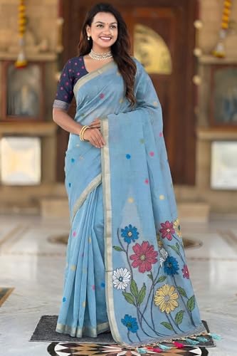 Image of SGF11 Women's Soft Cotton Linen Silk Saree With Blouse Piece