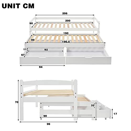 KEYIDE Letto singolo e matrimoniale, letto scorrevole con ruote inferiori, con 2 cassetti in MDF, struttura in legno massiccio, bianco (90 x 200 cm/90 x 190 cm) - 2