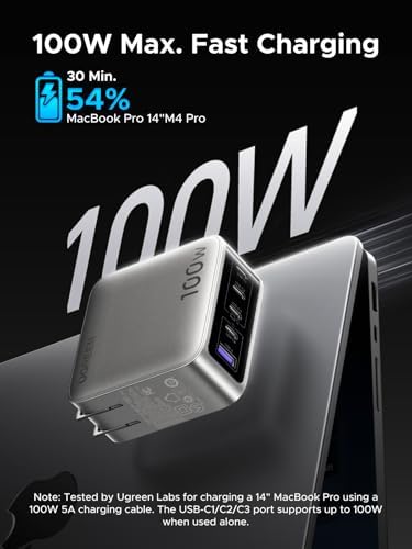 UGREEN 100W 5-Port GaN Charger, Smart Digital Display Screen with Touch Control, 4 USB-C Multi Port Fast Charging Adapter, PD USB C Wall Charger for Laptop MacBook, iPhone 17, Galaxy S26 S25, Pixel 10 — view 3