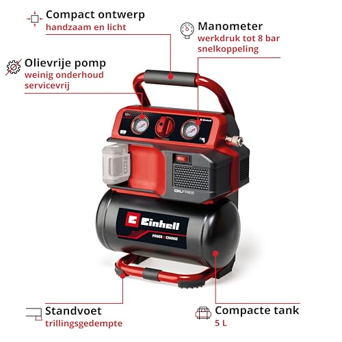 Einhell accu Compressor TE-AC 18/75 Li OF Solo Power X-Change (18 V, max. 8 bar, 5 L tank, olievrij, aanzuigcapaciteit: 75 l/min, 2 Manometers, Olievrij, Zonder accu) - Afbeelding 4
