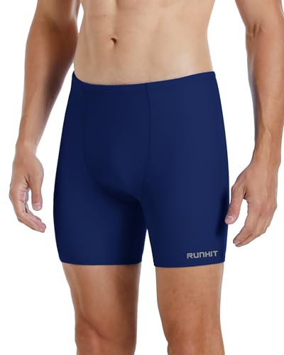 Runhit Swim Jammers for Men Square Leg Quick Dry Athletic Solid Brief Swimsuit UPF 50+ Compression Swimming Shorts Navy