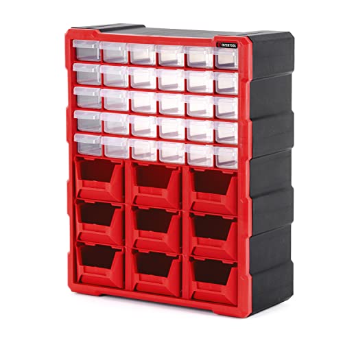 INTERTOOL Small Parts Organizer for Hardware & Screws | 39 Removable Bins with Dividers | Wall Mount or Desktop Craft & Lego Storage Cabinet | 19” x 15” x 6” BX08-4015