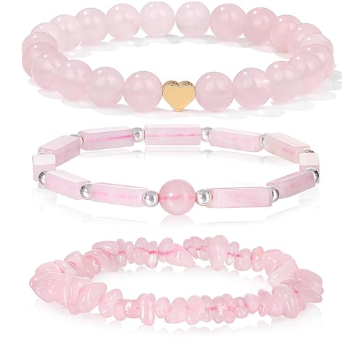 FloralGrace 3 piezas pulseras de cuarzo rosa para mujer 8mm pulsera de cuarzo rosa con cuentas de piedra natural pulseras elásticas hechas a mano con piedras preciosas pulsera sanadora