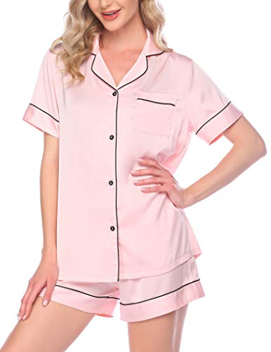 luxilooks Pajamas Set Short Sleeve Sleepwear Silk Womens Button Down Nightwear Soft Pj Lounge Sets XS-XXL Pink