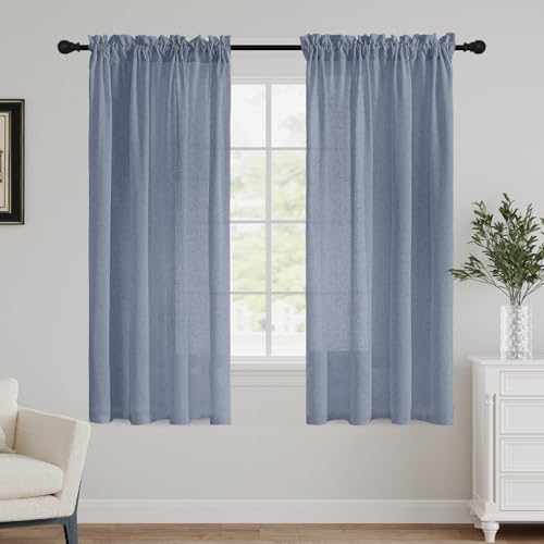 FantasDecor Linen Blended Curtains for Bedroom 63 Inch Long 2 Panels Faux Linen Textured Light Filtering Drapes Boho Burlap Panels for Farmhouse/Living Room, W52 x L63, Stone Blue