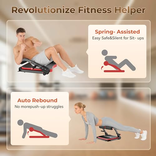Ab Machine, Adjustable Core Trainer with 3 Resistance Levels, Sit Up Exercise Equipment with Support Handles & Cushioned Pad to Reduce Back Strain, Low-Impact Home Gym Gear for All Ages (Red) — view 2