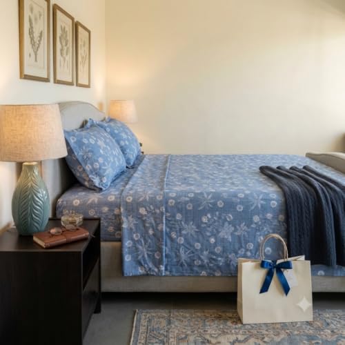 Image of Linen Home Cotton Percale Flat Bedsheet Set King Size Floral Blue