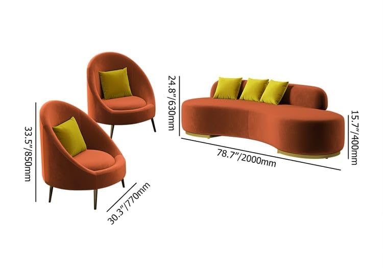 Image of LEGACY OF COMFORT Tara Upholstered Curved Sofa Living Room Set 3 Seater Sofa with 2 Chairs (Orange)