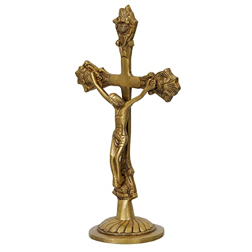 Image of eCraftIndia Golden Brass Jesus Christ Statue | Cross Jesus Statue for Home Office | Gift for Christmas