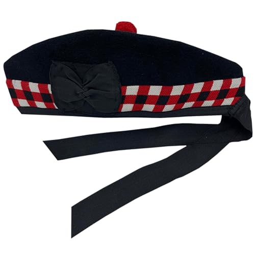 Men's Scottish Glengarry Kilt Hats Tartan, Diced & Plain-Glengarry Piper's Cap (55cm, Black with Red, Black & White Dice)
