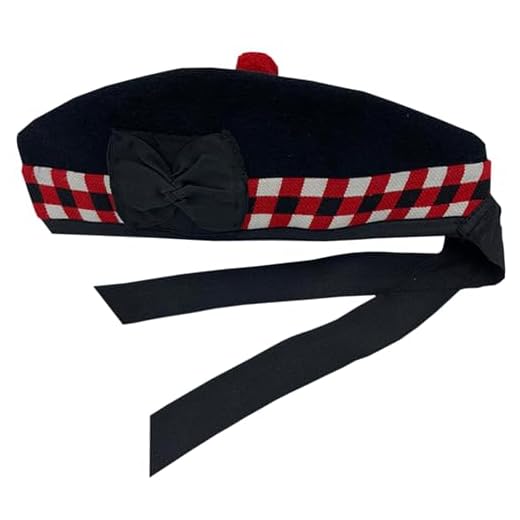 Men's Scottish Glengarry Kilt Hats Tartan, Diced & Plain-Glengarry Piper's Cap (53cm, Black with Red, Black & White Dice)
