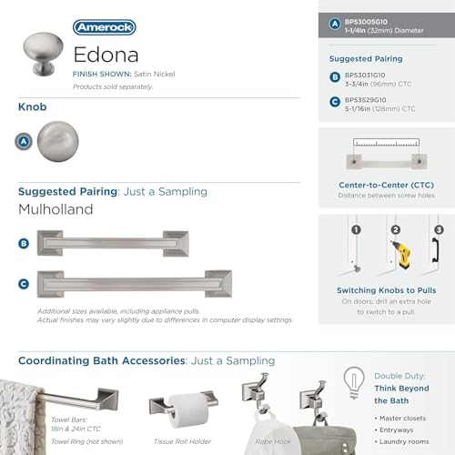 Image of Amerock 1-1 /4 inch Round Edona Satin Nickel Cabinet Knob | Durable Zinc drawer knob and cabinet hardware, ideal for kitchen cabinets, bathroom vanities, dressers, and furniture