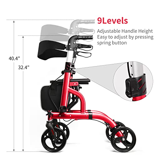 Simgoal Rollator Walker With 8'' Wheels With Height Adjustable Folding Medical Roller Walker Bearing 300Lbs Red #TOP1