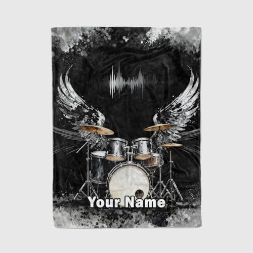 XHENTAI Personalised Drum Blanket with Custom Name – Soft Fleece Throw for Kids, Teens & Music Fans, Musical Instrument Design, Cosy Gift Bedroom Sofa Bed