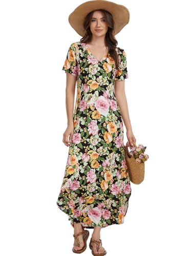 Image of Women's V-Neck Short Sleeve Maxi Sundress Summer Floral Boho Beach Dress with Pockets