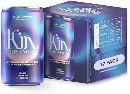 Kin Euphorics Lightwave Non-Alcoholic Functional Beverage | Calm the Mind & Mellow the Mood | Adaptogens, Nootropics, Reishi Mushroom & L-Theanine | 8 Fl Oz (12pk)