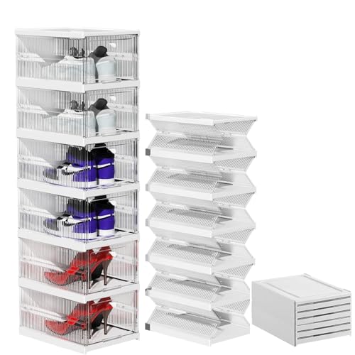 BananaHome Shoe Storage Boxes Organizers,No Assembly Stackable Shoe Organizer Storage Bin,Space Saving Foldable Shoe,Shoe Shelf Cabinet with Lid,Shoe Rack for home Closet Entryway (6pack, Clear)