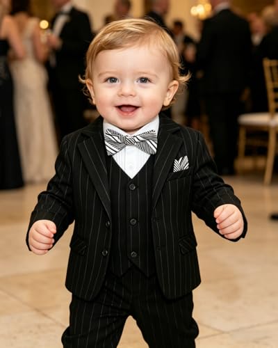 Image of Baby Boy Suits Formal Stripe Gentleman Tuxedo Suit Set Complete Dress Clothes Toddler Wedding Ring Bearer Outfit