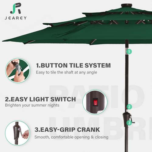 Image of JEAREY 3 Tiers Patio Umbrella with Solar Lights 9ft Outdoor Market Table Umbrellas with Push Button Tilt for Outside Pool Garden, Dark Green